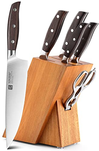 XINZUO 7 Pièces Ensemble de Couteaux de Cuisine avec Bloc en Bois, Acier Inoxydable 1.4116 Allemand Set Couteaux de Cuisine, Ciseaux de Cuisine Multifonctionnels, Professionnel Couteaux de Chef