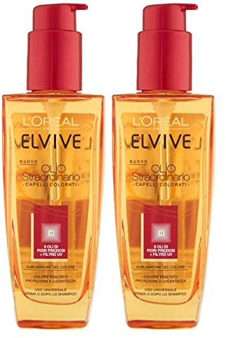 L'Oréal Paris Elvive Farbiges Öl mit 6 wertvollen Blütenölen Pflegende Behandlung ohne Ausspülen Farbschutz UV-Filter – 2 Flaschen à 100 ml