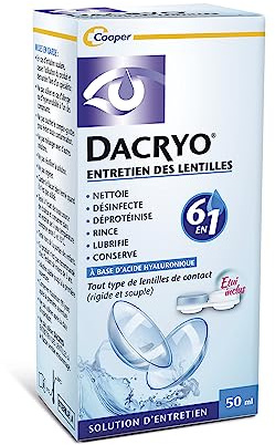 DACRYO- Solution d'entretien des lentilles 6 en 1 - Nettoie, désinfecte, déproténise, rince, lubrifie, conserve - Lentilles de contact - Acide Hyaluronique - Etui inclus - Flacon-Format voyage 50 ml