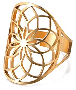 kkjoy Edelstahl Durchbrochener Ring mit Blume des Lebens verstellbar offener Fingerring Versprechenring Schmuck Geschenk für Frauen