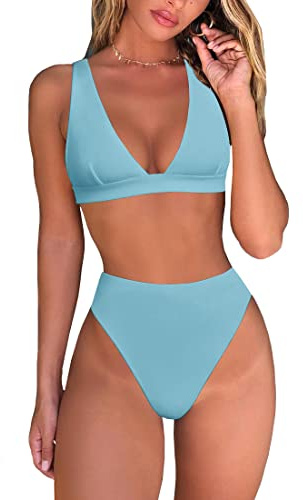 Fatty Tiger - Conjunto de Bikini de Cintura Alta para Mujer, Estilo brasileño Sexy, Forma de triángulo, Escote Profundo en V, bañador de Dos Piezas, Azul/Claro, M