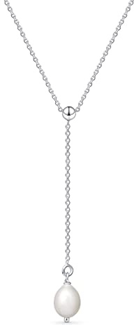 Amberta Frauen 925 Sterling Silber Süßwasser Perlen Halskette: Silberne Y-Halskette mit 8-9 mm Perlenanhängern