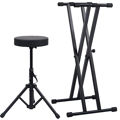 INLIFE Doppelstrebiger Keyboard-Ständer und Hocker Set Schwarz,6.4kg,70096