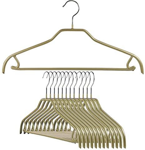 MAWA by Reston Lloyd Silhouette Serie, Rutschfester, platzsparender Kleiderbügel mit Stange & Haken für Hosen und Röcke, Stil 41/FRS, 12er Set, Gold
