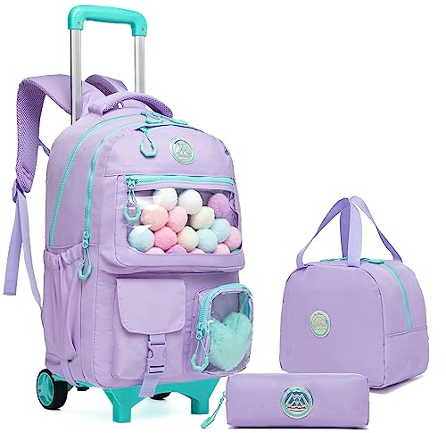 HTgroce Lila Süßer Kinder Trolley Rucksack Schultasche Schulranzen Mädchen schultrolleys Schulrucksack Kinderkoffer Rolling Backpack for Girls