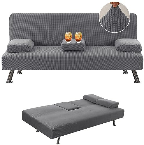 Jianyana 4 Stück Stretch Hussen Sofa Bett Schonbezug mit abnehmbaren Armlehnen und Getränkehalter Bezüge Click Clack Sofa Bett Abdeckung (grau)
