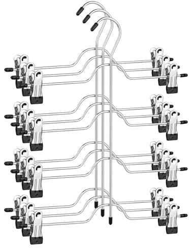 ABHENG Hosenbügel Kleiderbügel, Metall Kleiderbügel mit Anti-Rutsch für Hosen Röcke Socken Unterwäsche, 3er Set, für je 4 Hosen, mit 8 verstellbaren Klammern, Silbern-Schwarz,32B x 35H cm, AIY0103B