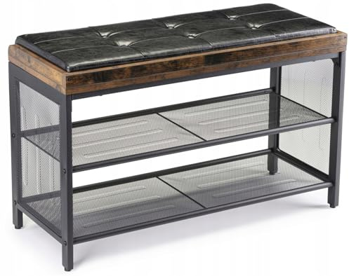 Schuhregal mit gestepptem Sitz 80x30x48 cm braun schwarz Holz Metall Schuhschrank Schuhständer Schuhablage Deko Dekoration Loft Industriell Schuhbank Sitztruhe