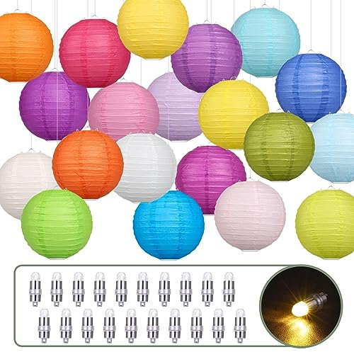 LIHAO 20PCS Paper Lantern with Balloon Lights 6 inch Colorful Chinese Round Paper Lanterns Assorted Colors Hanging Paper Lampshades Decorations