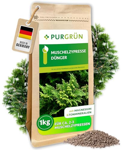 Purgrün® Muschelzypresse-Dünger 1 kg – Organisch-mineralische Rezeptur – Feinkörniges Krümelgranulat – NPK 9+4+8 – Extra Magnesium für leuchtend grüne Nadeln – Verbessert die Bodenqualität