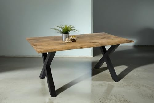 SAM Esstisch Tiger 180x90 cm Mangoholz Natur Vintage Baumkante X schwarz | Baumkantentisch massiv, naturfarben, Metallgestell, Esszimmertisch