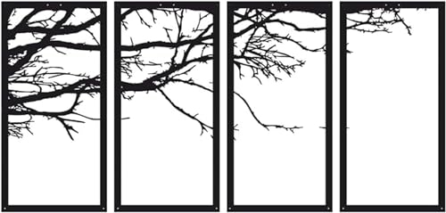 Wandskulpturen, realistischer Ausschnitt, Baum, Wandkunst, schwarzes Metall, Wanddekoration mit Rahmen, für Schlafzimmer, Wohnzimmer, Wandfigur, 4 Stück