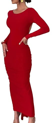 DGCUPODE Rückenfreie gerüschte Bodycon-Kleider für Damen Langärmelige Maxikleider mit Rundhalsausschnitt Slim Fit Party Club Cocktailkleid (Rot,S)