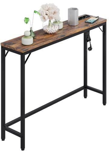 Schmal Konsolentisch mit Steckdose und USB-Anschluss, 100 x 23 x 80 cm Beistelltisch Flurtisch Kleiner Ausstellungstisch Sofatisch Vintagebraun-schwarz ür Flur, Foyer, Wohnzimmer, Vintage Braun