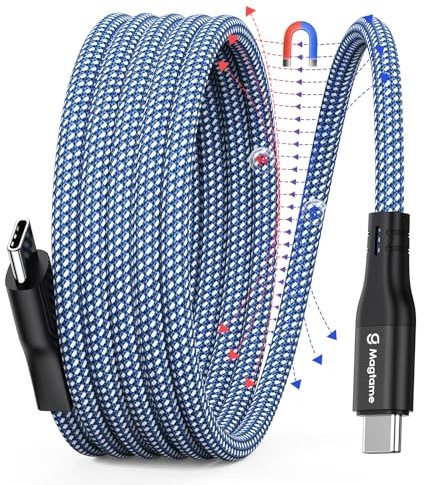 Magtame Câble magnétique USB-C vers USB-C enroulé - 60 W (3 A) - Câble USB-C flexible de 1 m - En nylon tressé de type C - Compatible avec i- Phone 15 - Pour Samsung, Pad