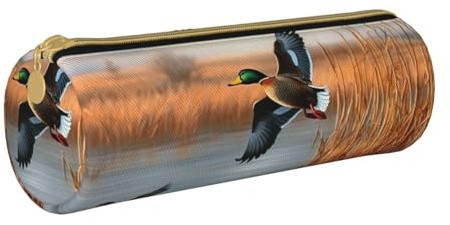 KCGSDEGV Federmäppchen, Motiv: Jagd, fliegende wilde Ente, rund, niedliches Leder-Federmäppchen, Stifteetui, Schreibwaren-Organizer, Box für Schule, Mädchen, Jungen, weiß, Einheitsgröße, Schulranzen