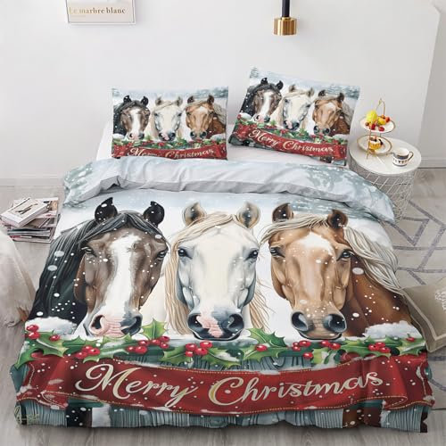Housse de Couette 160x200 Cheval - Decoration Cheval, Parure de Lit 1 Personne Imprimée Joyeux Noël, Linge de Lit en Microfibre Douce avec Fermeture éclair, 1 Taie d'oreiller 65x65 cm U*&183
