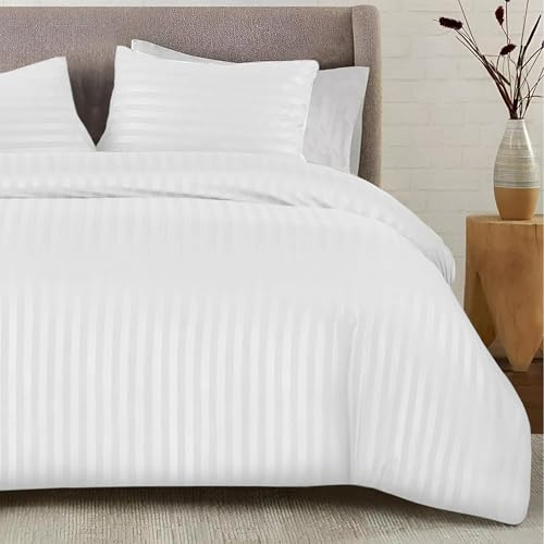 SSW HOMES – Ensemble de housse de couette simple blanche - Ensemble de literie satiné rayé en microfibre brossée douce et facile d'entretien - Ensemble de qualité hôtelière hypoallergénique résistant
