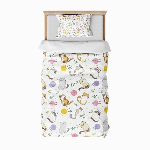 ZTYROLJ Funda Nórdica de Gatito 90x190cm, Funda Nórdica con Cremallera, Juego de Cama de Microfibra 1 Persona, Juego de Cama Infantil con Funda de Almohada 40x60cm