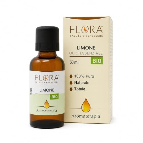 FLORA Olio Essenziale Limone BIO-CODEX 50 ml – Citrus limon 100% Puro, Spremitura a Freddo, Profumo Agrumato Energizzante & Sgrassante, Uso Alimentare, Diffusore, Cosmesi e Pulizie Naturali