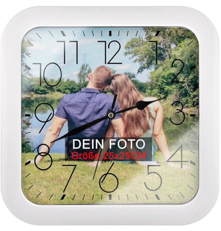 Wanduhr Mit Bild Personalisiert Foto/Logo/Text, 26x26cm, Fotogeschenke, Uhr zum selber gestalten, Uhr mit Bild, schwarz Zeiger, Aus Kunststoff, für Wohnzimmer Küche,Quadratisch(schwarze-Schrift)