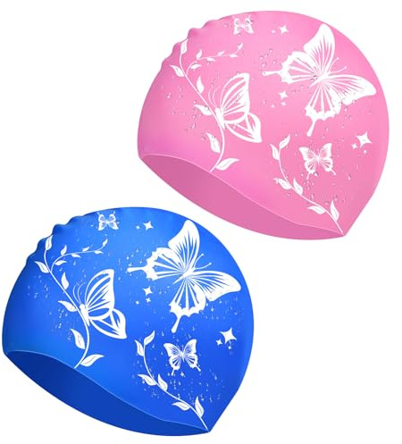 2 Pack Silicone Swimming Cap for Women, Soft Elastic Anti-Slip Swim Hat, 3D Ergonomic Design Waterproof Swim Cap for Long Hair Adults Kids