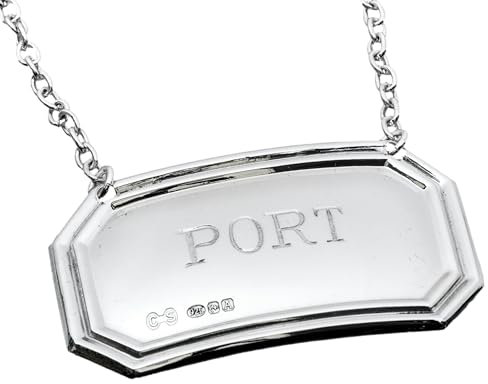Cators Etiqueta para decantador de puerto de plata de ley, etiquetas de decantador de plata 925 con sello para botella de puerto, etiqueta de 5 cm de ancho x 3 cm de alto con cadena de 17 cm de largo
