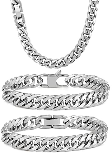 Aospkle 3PCS Cuban Link Bracelet Necklace, Sturdy 316L Stainless Steel Cuban Link Chain for Men Jewelry Set 8mm, 23cm