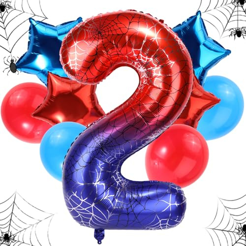 Spider Themed Birthday Balloons Set, 47in Giant Foil Spider Web & 4pcs Star & 4pcs Round Red Blue Balloons Ideal Birthday Cartoon Theme Party Decorations and Favors(Number 2)