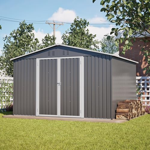 Massbinet Robuster Geräteschuppen Metall Gartenhaus mit Satteldach XXXL (300x252x191 cm) Sicheres Lager für Gartengeräte & Werkzeug Grau