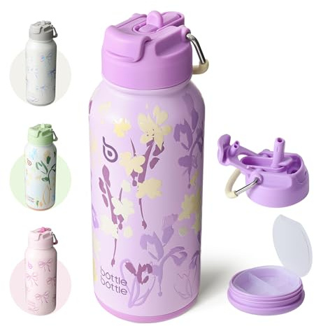 BOTTLE BOTTLE Borraccia Termica Isolante 950ml(32oz) in Acciaio Inossidabile Borracce Sportive con Cannuccia Coperchio a Doppio Utilizzo Design Borraccia per Palestra con Portapillole (Purple Grown)