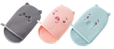 ULTECHNOVO 3pcs Cartoon Bathing Gloves Shower Towels Soft Supple Body Scrubbers for Showering, Includes Grey Blue Pink, Suitable for Daily Cleansing and Skin Exfoliation