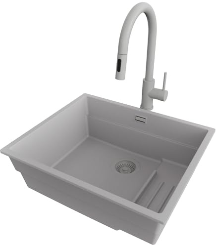 PRIMAGRAN Fregadero bajo Encimera Gris 56x47cm, Granito 1 Seno + Grifo 40x20cm + Sifón, Cocina al mueble 60cm - Prague
