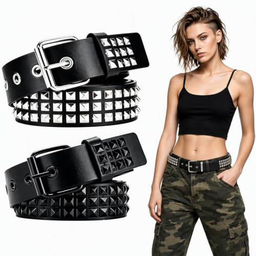 2 Stück Nietengürtel Damen, Studded Belt Rock Punk Schwarz Damen Nieten Gürtel Grunge Accessoires Nietennietengürtel, Gothic Accessoires Für Konzerte, Cosplay Und Y2K Mode, für Jeans Gothic Hosen