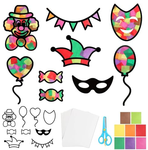 24 Stück Fensterbilder Karneval, Basteln Karneval Fensteraufkleber Kinder | Basteln Fensterbild Kinder, Deko Fenster,Fensterbilder Clown,Clown Fensterdeko,Fasching,Zirkus Deko