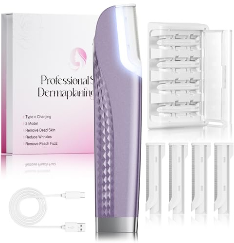 Dermaplane Razor For Women Face, 3 Adjustable Dermaplaning Tool,Facial Hair Removal Razors with Led Light for Peach Fuzz,Rechargeable Sonicsmooth Facial Hair Remover with 8 Replacement Blades (Purple)