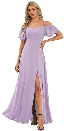 Ever-Pretty Robe de Soirée Longue Femme Épaules Dénudées à Bretelles à Volants Fendue en Mousseline Fluide Lilas Givré 42