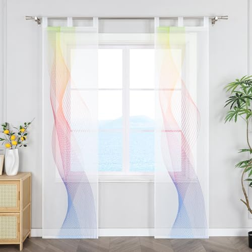ESLIR Schiebegardinen Set 2er Flächenvorhang Kurz Schlaufenschals Gardinen mit Schlaufen Schiebevorhänge Transparent Vorhang mit bunten Streifen-Design Modern Weiß BxH 57x245 cm 2 Stück