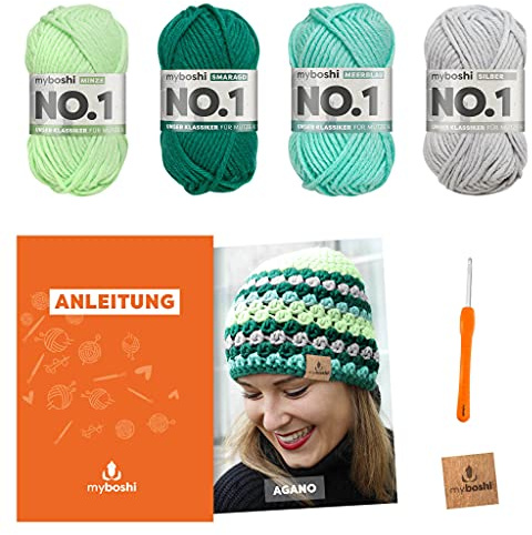 myboshi Häkelset Mütze Agano, inkl. No.1 Wolle, Nadel und Anleitung, für Mützen und Schals, Häkelpaket, 30% Merinowolle Grün, Grau, mit Häkelnadel