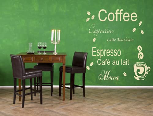 Wandtattoo für die Küche ~ Text Kaffee, Espresso, Cappuccino mit Bohnen und Tasse ~ 610017-58x59 cm Wandaufkleber Wandtatoos Sticker Aufkleber für die Wand, Fensterbild, Tapetensticker, Türaufkleber, Tattoo aus Markenfolie in 32 Farbe