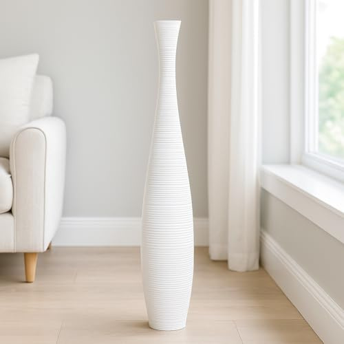 Leewadee Grand Vase A Poser Au Sol pour Branches Décoratives De Pampa, Vase en Bois De Manguier, 110 cm, Blanc