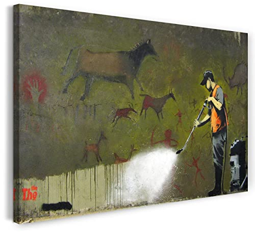 Printed Paintings Leinwand (100x70cm): Banksy - Mann entfernt uralte Wandbemalung Desaster
