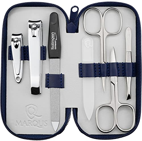 marQus Maniküre Set Damen und Herren Solingen Made in Germany 7 Teile mit patenierter Glasfeile für Hand- und Fußpflege - Echt Leder Etui handlich und weich