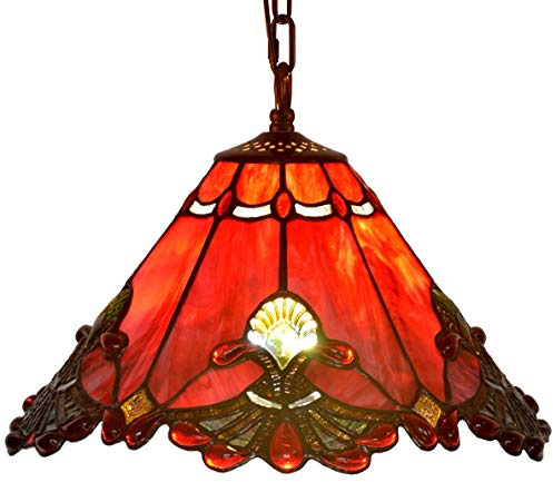 Bieye L10719 Baroque Tiffany Style Stained Glass Ceiling Pendant Light Fixture with 13 Inch Wide Handmade Shade (Red)