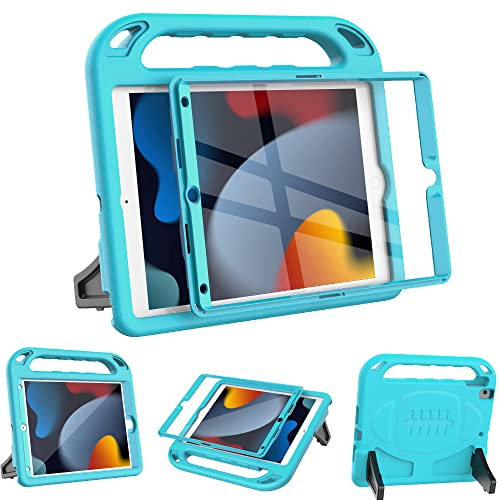 Surom Case for iPad 9th/8th/7th Gen 2021/2020/2019 10.2 Inch, Turquoise | Built-in Screen Protector, Shockproof Light Weight Handle Stand Case for Kids, Protable Handle, iPad Air 3 10.5 2019