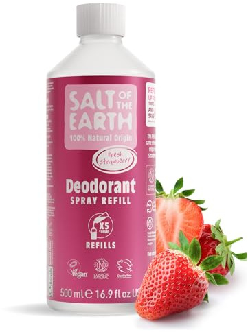 Natural Deodorant Spray Refill från Salt of the Earth, Sweet Strawberry - Vegansk, Långvarigt Skydd, Godkänd av Leaping Bunny, Tillverkad i Storbritannien - 500 ml
