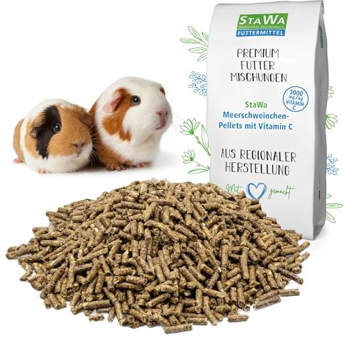 StaWa Meerschweinchenfutter Pellets mit 3.000 mg Vitamin C 25 kg – GVO-freies Pelletfutter für Meerschweinchen, 6 mm Pellets, mit, Apfeltrester & Luzerne, 10 kg