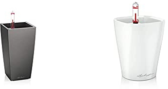 Lechuza Mini-CUBI Tischgefäß, Anthrazit Metallic, Hochwertiger Kunststoff,18123 & 14950 Mini-DELTINI Tischgefäß, Hochwertiger Kunststoff, Herausnehmbarer Pflanzeinsatz, weiß Hochglanz
