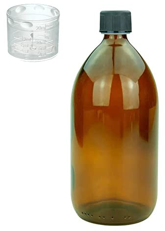 Devitre Bottiglia di vetro marrone da 1000 ml con coperchio misurino ed etichetta