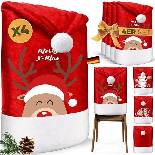 KESSER® Premium Weihnachtsstuhlüberzug 4er Set Stuhlhussen für Weihnachten Nikolausmütze Stuhlbezug Husse Weihnachtsdeko für Stühle Überzieher - Stuhlabdeckung im weihnachtlichen Design